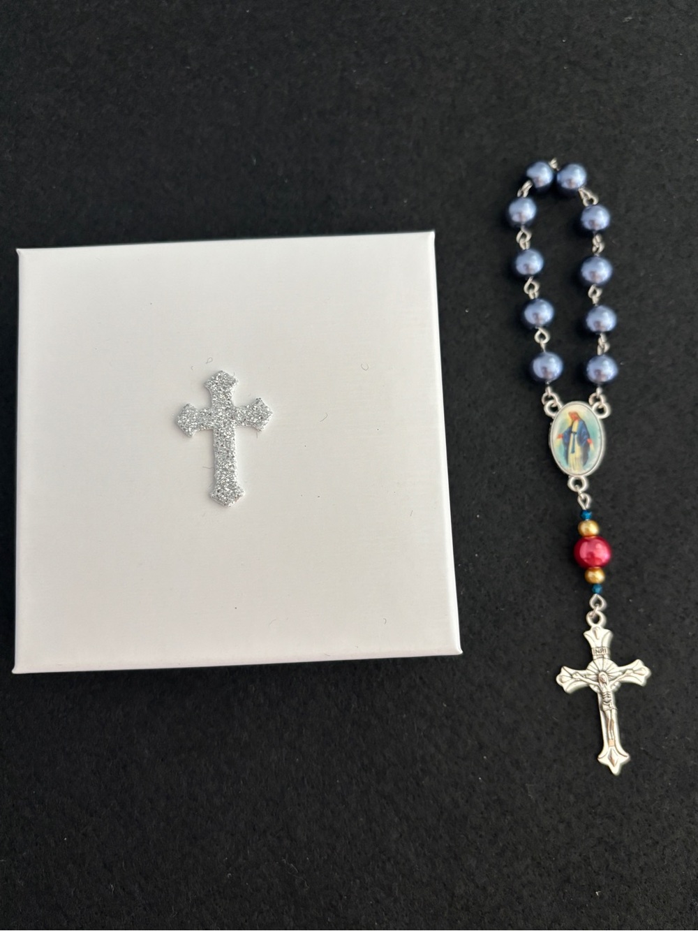 Catholic Rosary Decade Pocket Mary, Our Lady of Grace Blue Red Handmade